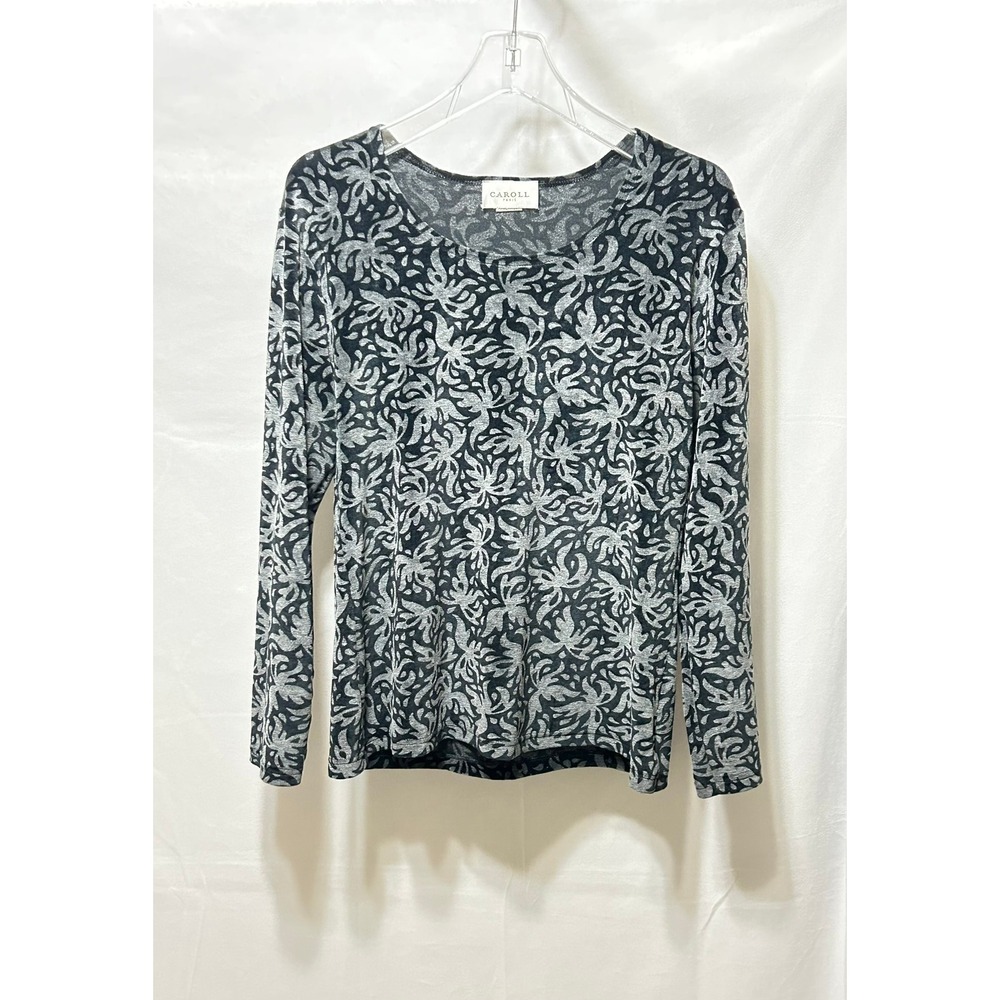 CAROLL PARIS Women 42 (M/L) Gray on Black Floral Print Long Sleeve Top